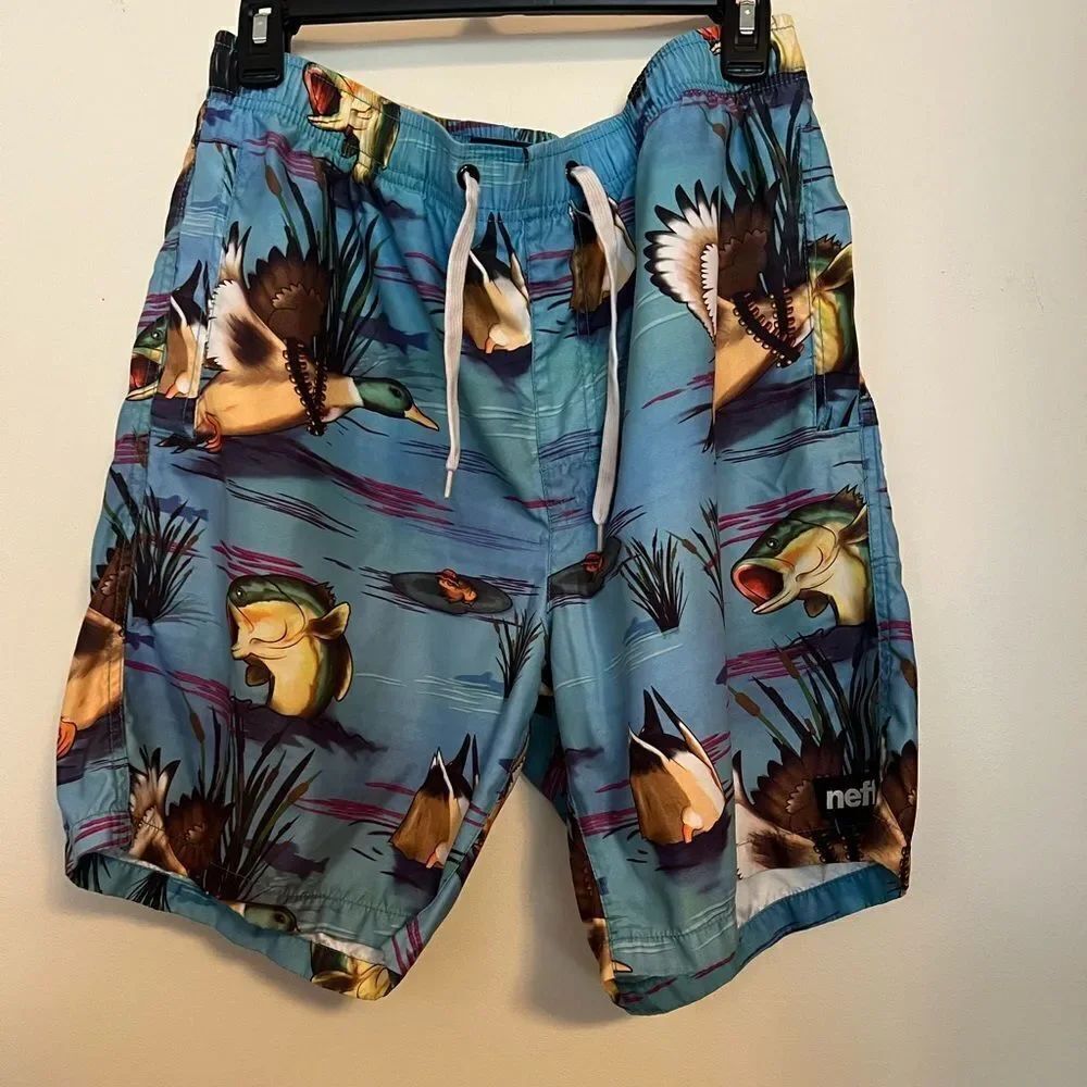 Neff Blue Board Shorts Tropical Sunset Design